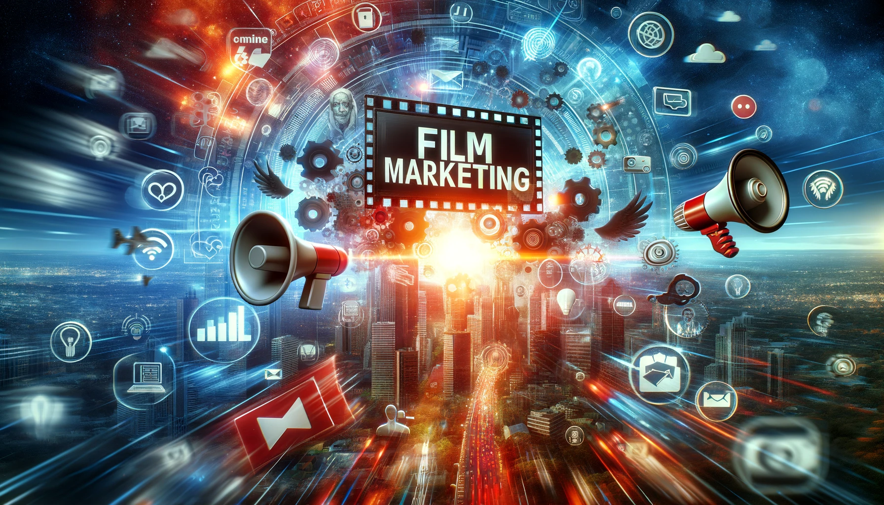 DALL·E 2024 05 06 15.27.50 Create a vibrant and dynamic image that represents film marketing. The scene should include elements like a movie poster a megaphone or social med