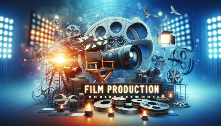 DALL·E 2024 05 06 15.36.22 Create an engaging and professional image that represents film production. The scene should include elements like a camera a directors chair or a e1715000268538