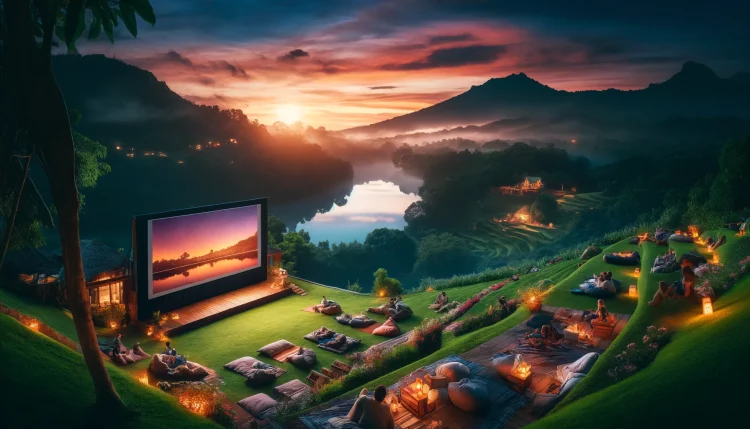 DALL·E 2024 05 13 13.22.34 A visually striking landscape image suitable for a blog post about cinema trends. The scene features a picturesque outdoor movie screening setup with e1715586898184