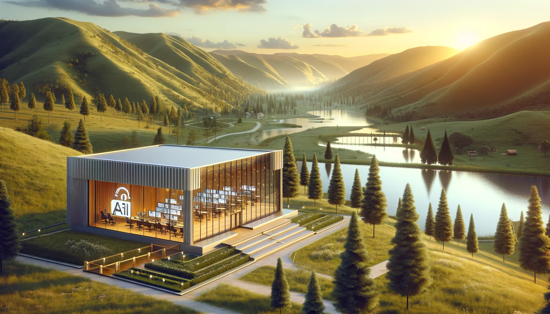 DALL·E 2024 05 21 10.24.04 A scenic landscape featuring an AI voice dubbing studio. The studio has modern sleek architecture with large windows revealing advanced voice dubbing 2