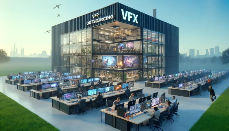 DALL·E 2024 05 24 15.57.20 An image depicting a modern VFX outsourcing company. The building has a contemporary design with large glass windows and a prominent sign displaying t e1716546730962