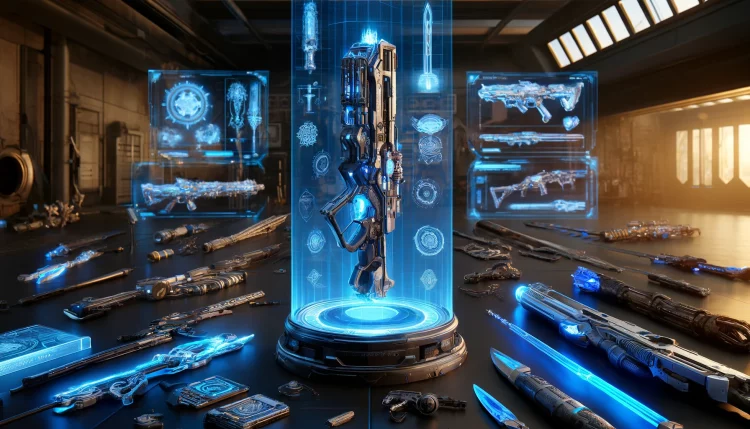 DALL·E 2024 06 08 12.29.34 A detailed scene showcasing CGI VFX for weapons and props. The setting is a futuristic armory filled with an array of high tech weapons and props. In e1717830075157